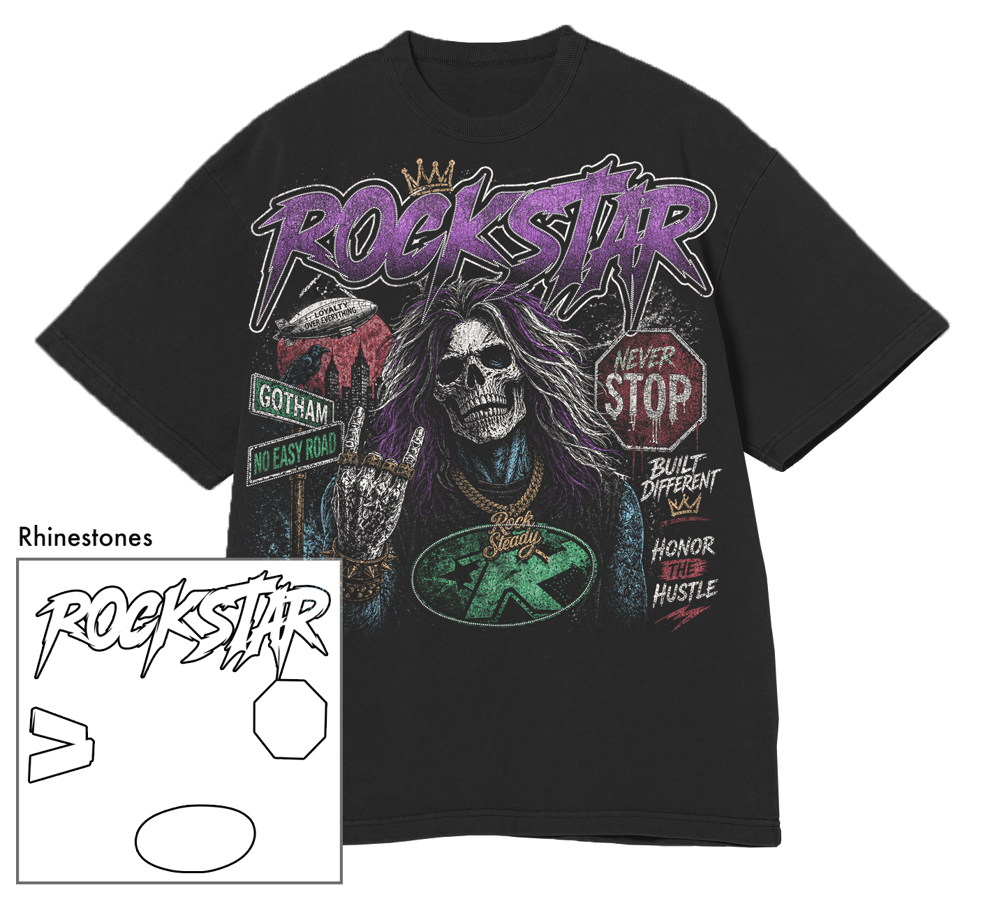 Rhinestone Rockstar Skull Oversized Tee (Pre-Order)